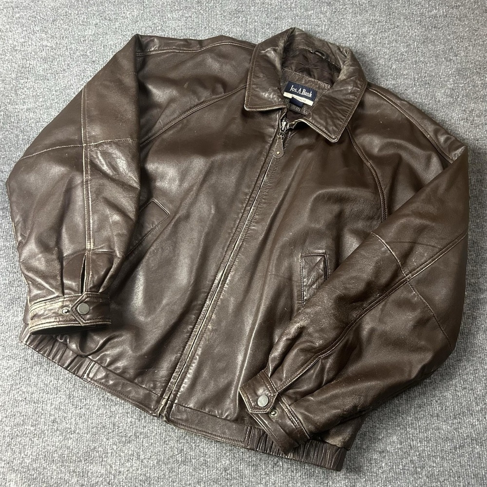 Jos. A. Bank Jacket Mens XL Brown Leather Bomber Elastic Waist Lined Zip Pockets